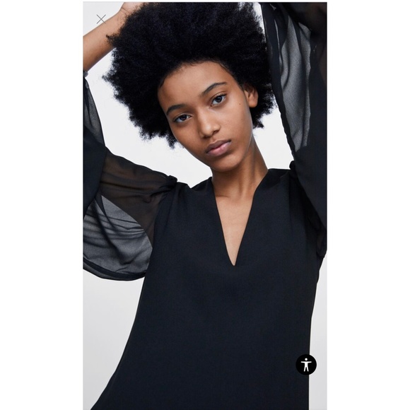 NWT Zara Contrasting Mini Black Dress V-neck with Puff Sleeves XS - Picture 9 of 10